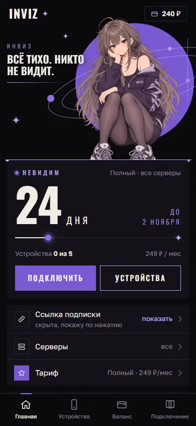 Кабинет INVIZ в Telegram: 24 дня подписки, статус «Невидим»